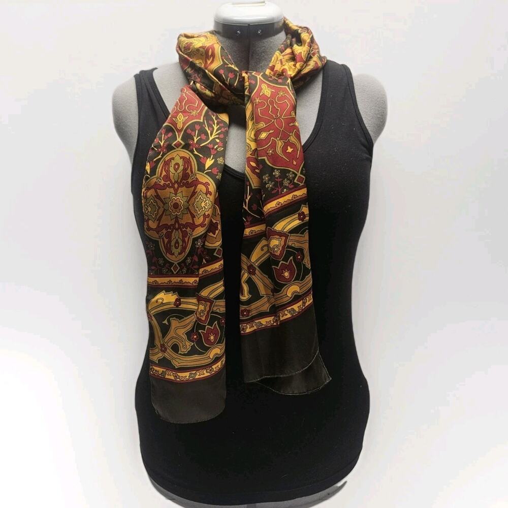 Vintage Poly Scarf Oblong Shawl 12x62" Paisley Black Gold Granny Festival Indie